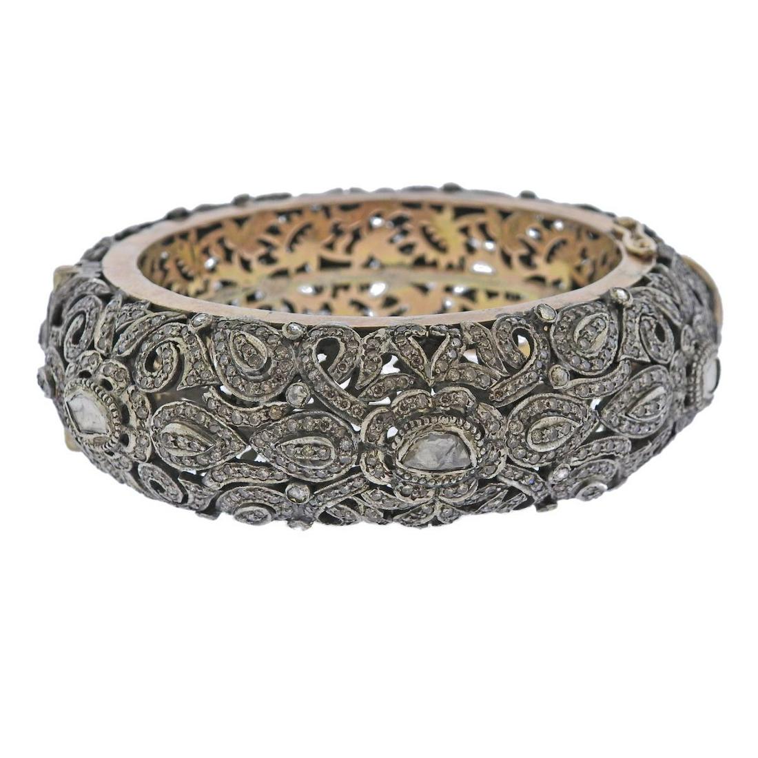 Silver 14k Gold Rose Cut Diamond Bangle Bracelet (1 of 4)