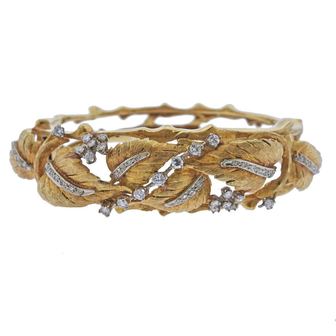 18k Gold 1980s Diamond Leaf Motif Bangle Bracelet (1 of 5)