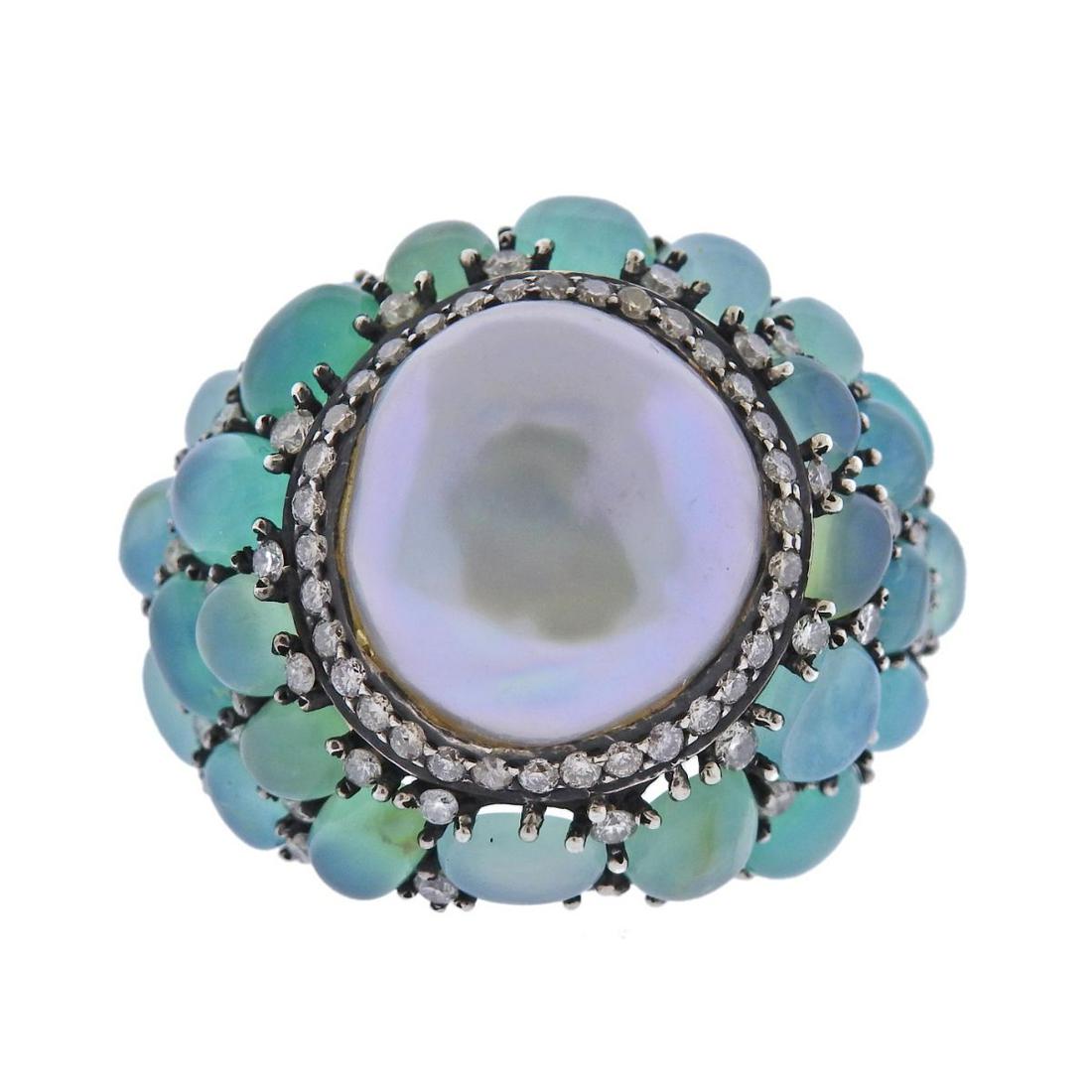 Sterling Silver Diamond Pearl Gemstone Cocktail Ring (1 of 4)