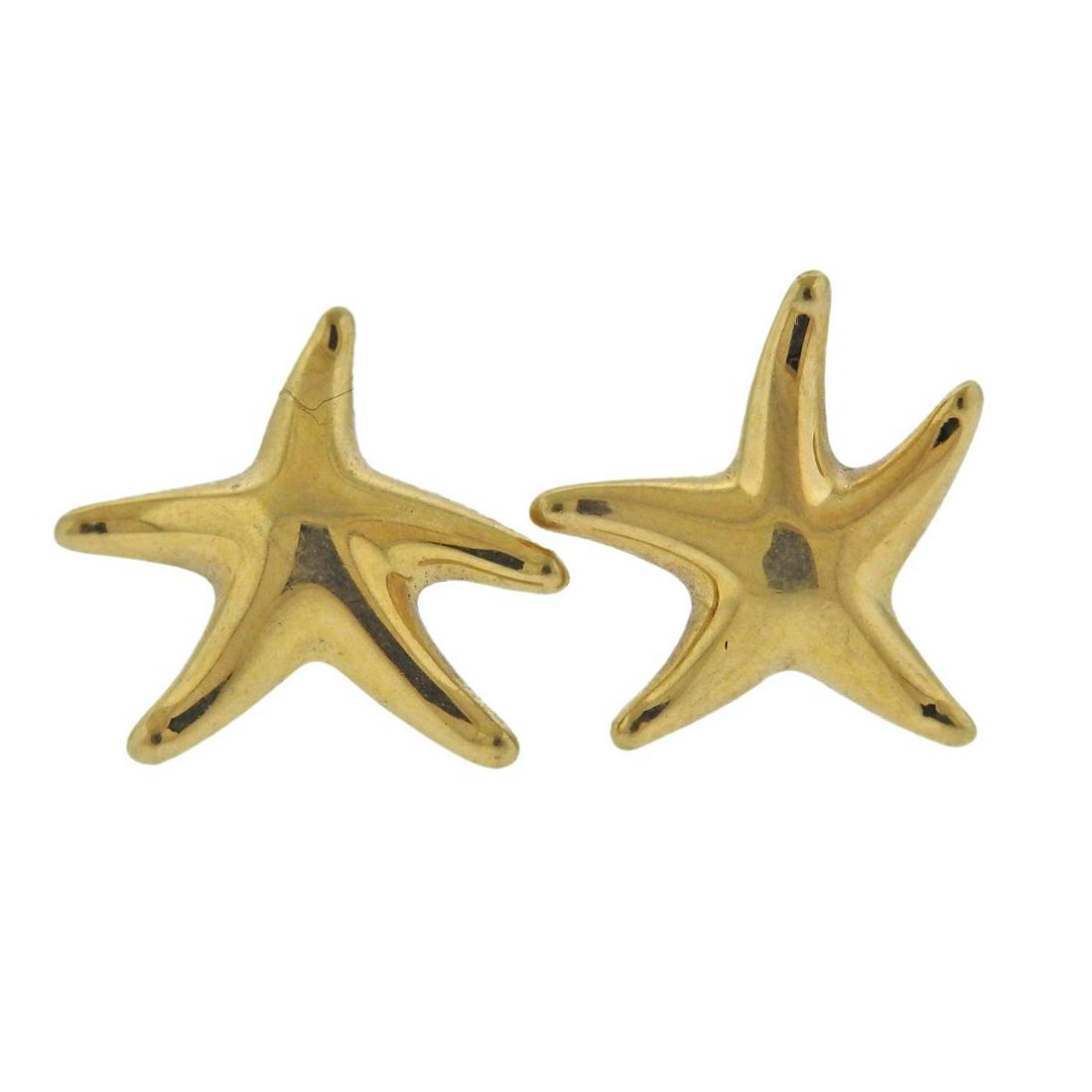 Tiffany & Co Elsa Peretti 18k Gold Starfish Earrings: Pair of 18k yellow gold starfish earrings by Elsa Peretti for Tiffany & Co. Earrings measure approximately 12mm x 15mm. Marked Tiffany & Co Peretti Spain 750. Weight is 5.8 grams.