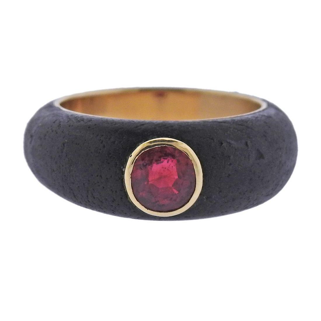 French 18k Gold Ruby Wood Ring (1 of 3)