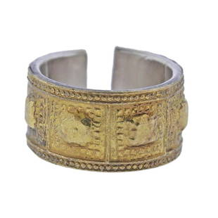 Lalaounis Greece 18k Gold Silver Band Ring: 18k gold and sterling silver open cuff band ring by Greek designer Ilias Lalaounis. Ring size 6.25, shank is split. Ring is 10mm wide. Marked with lalaounis hallmark, Greece,750, 925. Weight - 10.5 gr