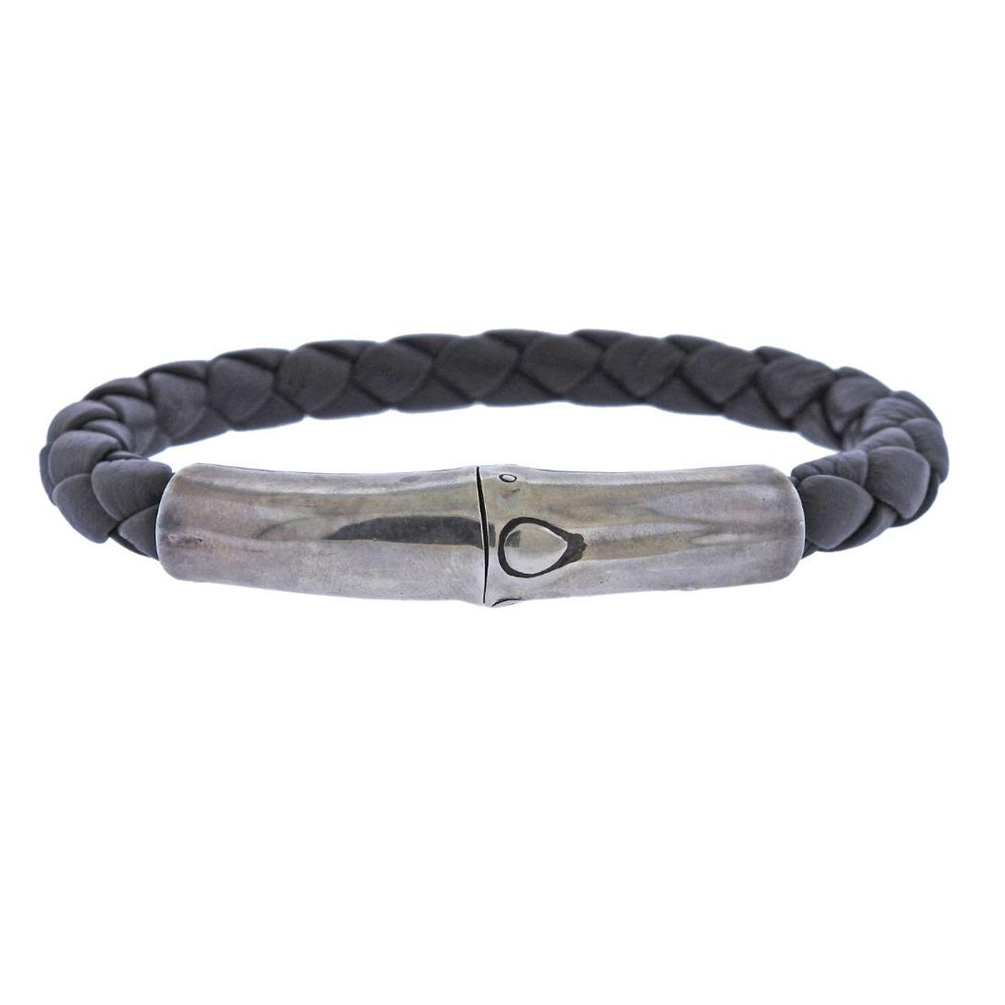 John Hardy Bamboo Silver Leather Men's Bracelet (1 of 4)