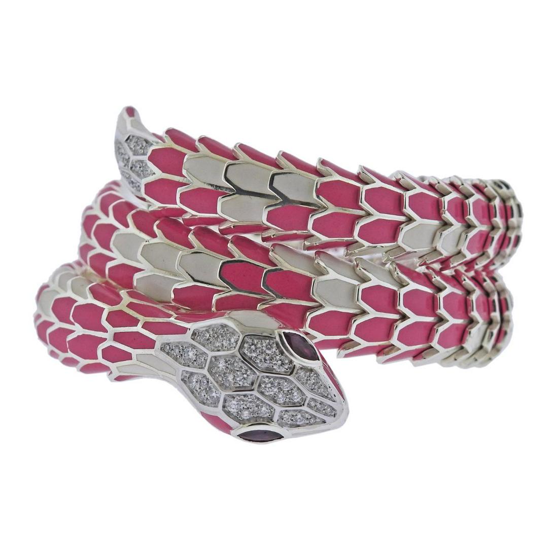 18k Gold Silver Diamond Ruby Enamel Snake Wrap Bracelet (1 of 4)
