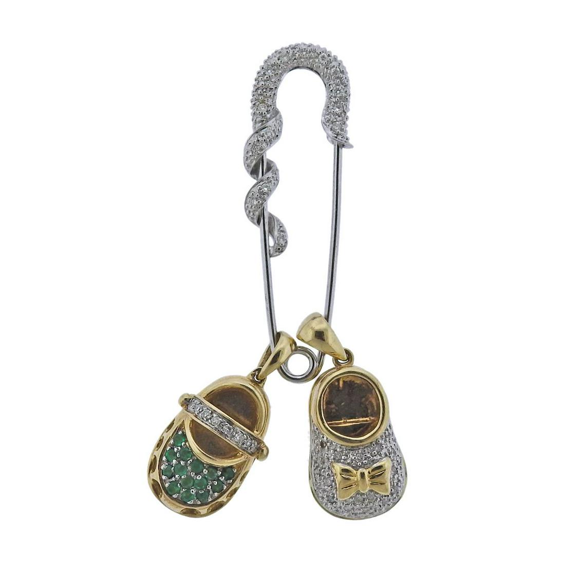 14k Gold Diamond Emerald Safety Pin Brooch (1 of 6)