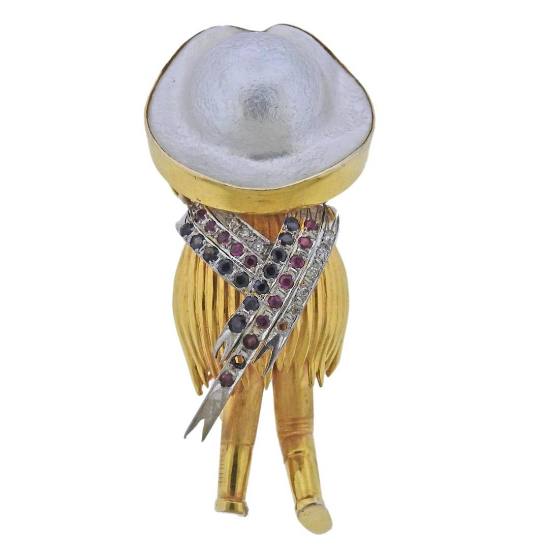 Gold Pearl Diamond Sapphire Ruby Sombrero Brooch (1 of 3)