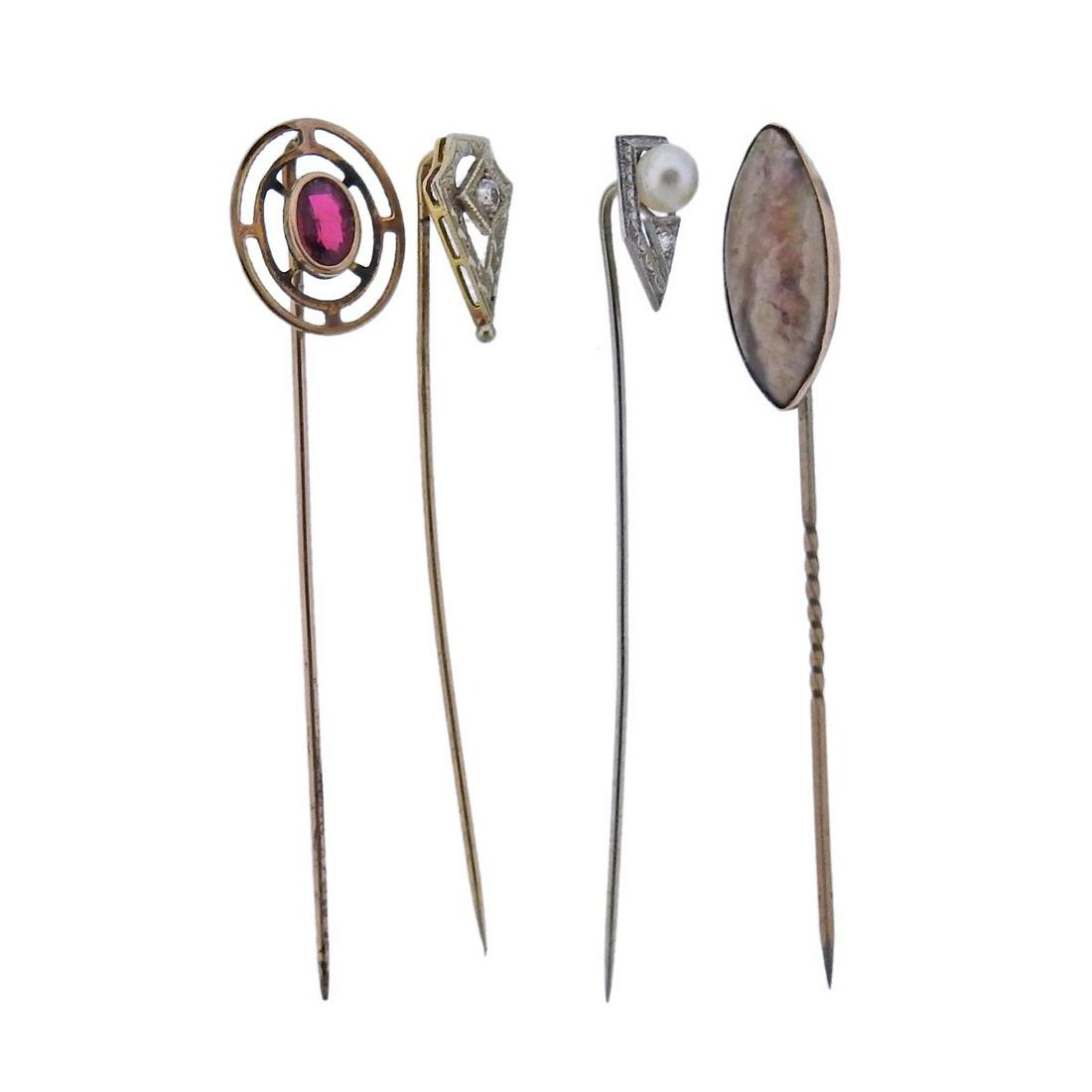 Antique Diamond Pearl Gemstone Stick Pin Lot 4pc (1 of 5)