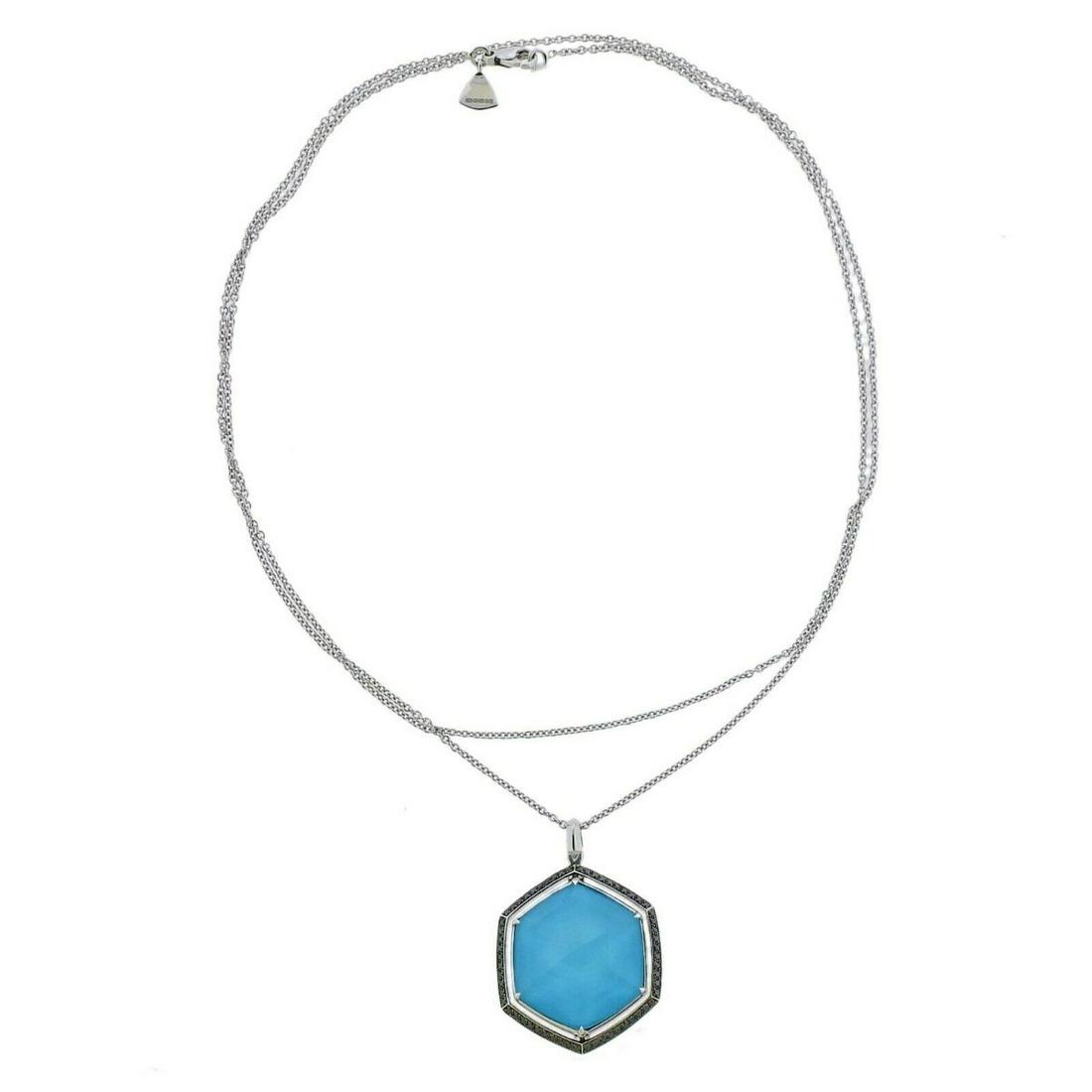 Stephen Webster Deco Gold Turquoise Hematite Diamond: Brand new 18k gold Deco pendant necklace by Stephen Webster, featuring double sided pendant, set with hematite, turquoise and approx. 0.42ctw in diamonds. Retail $12000. Necklace is 28" long, pendant
