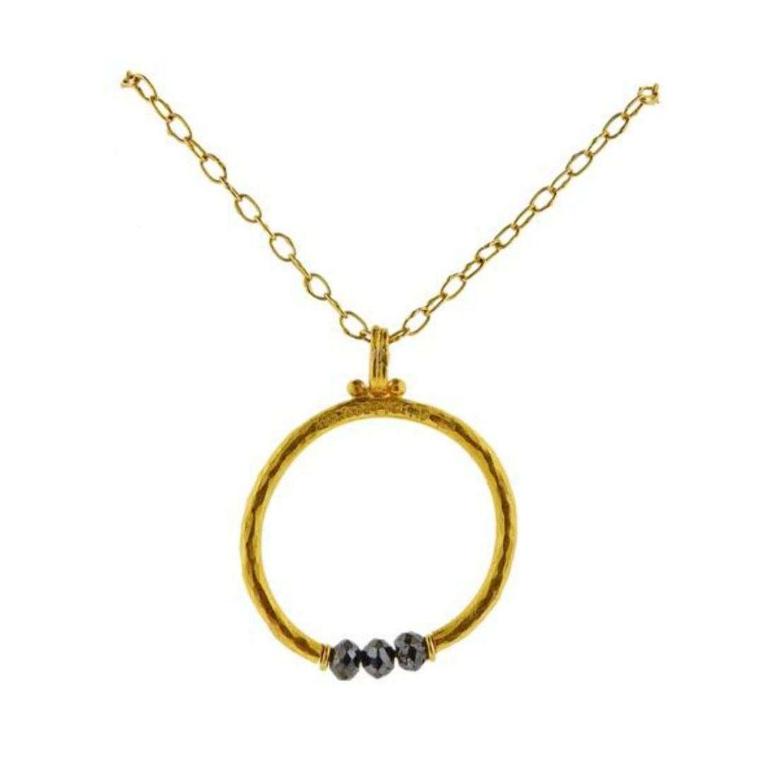 Gurhan Round Glow Gold Black Diamond Pendant Necklace: New Gurhan Round Glow hoop necklace made in 24K gold featuring a trio of black diamond beads. Retail $3,060.