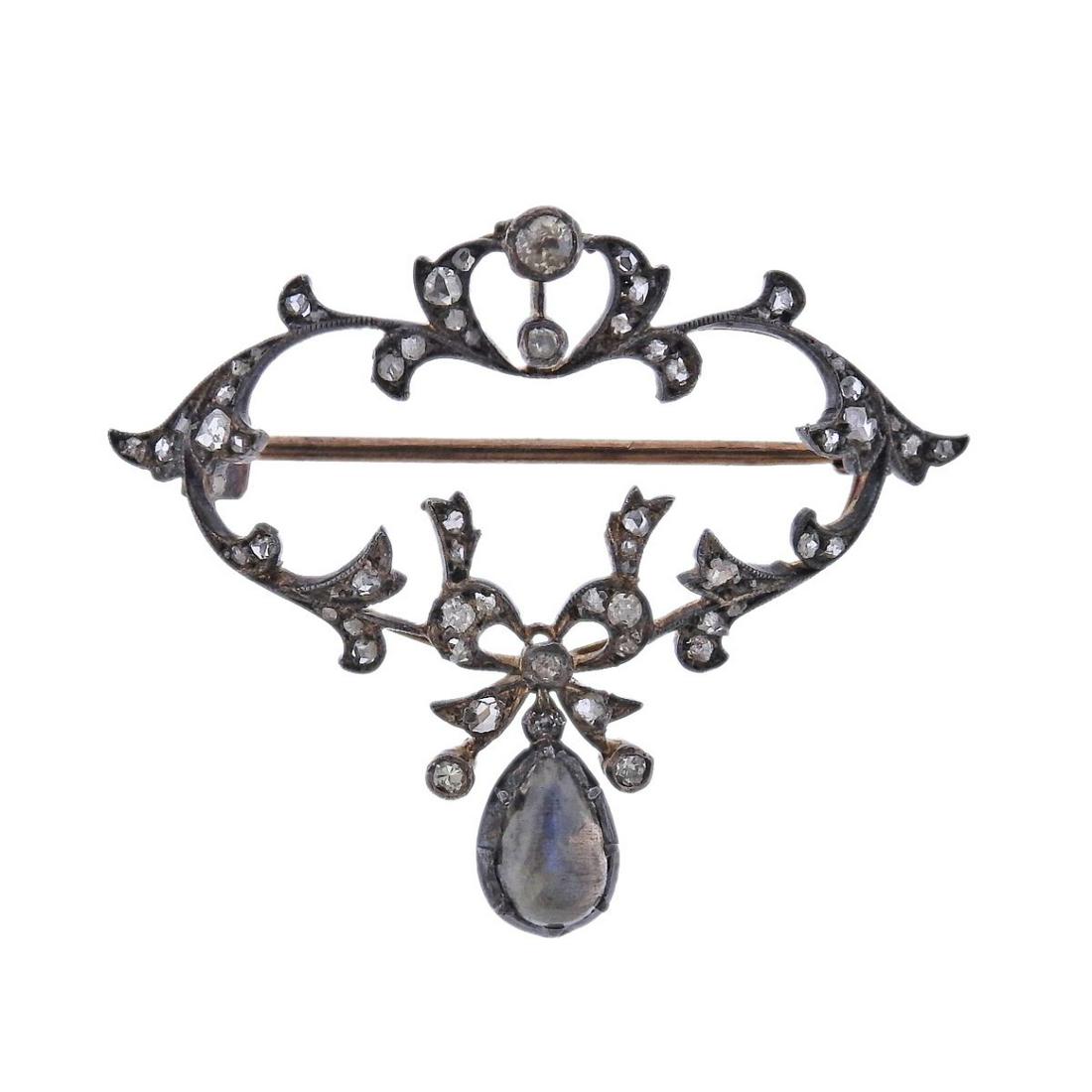 Antique Gold Silver Labradorite Diamond Brooch (1 of 4)