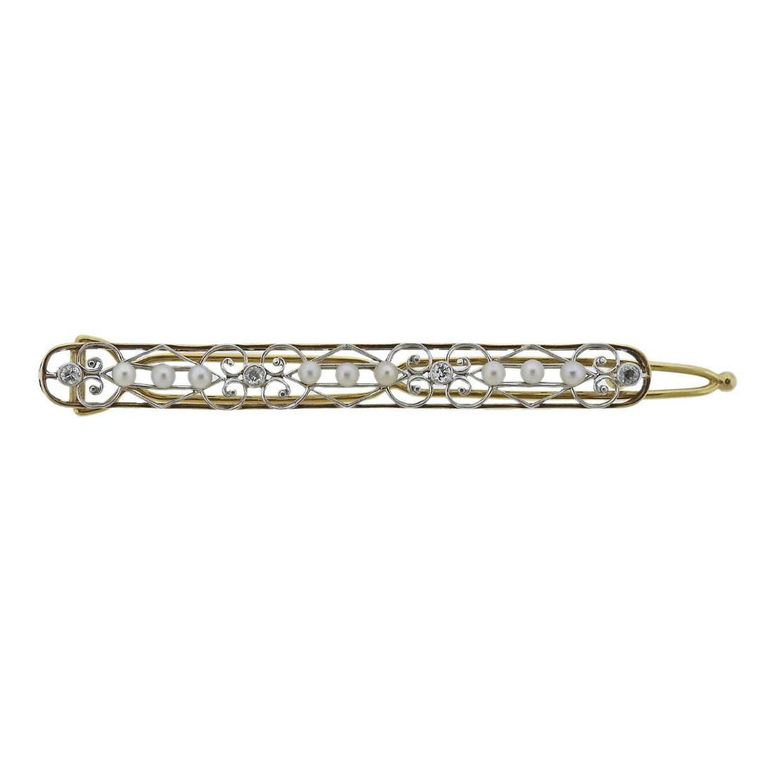 Antique 14k Gold Pearl Diamond Hair Clip (1 of 3)