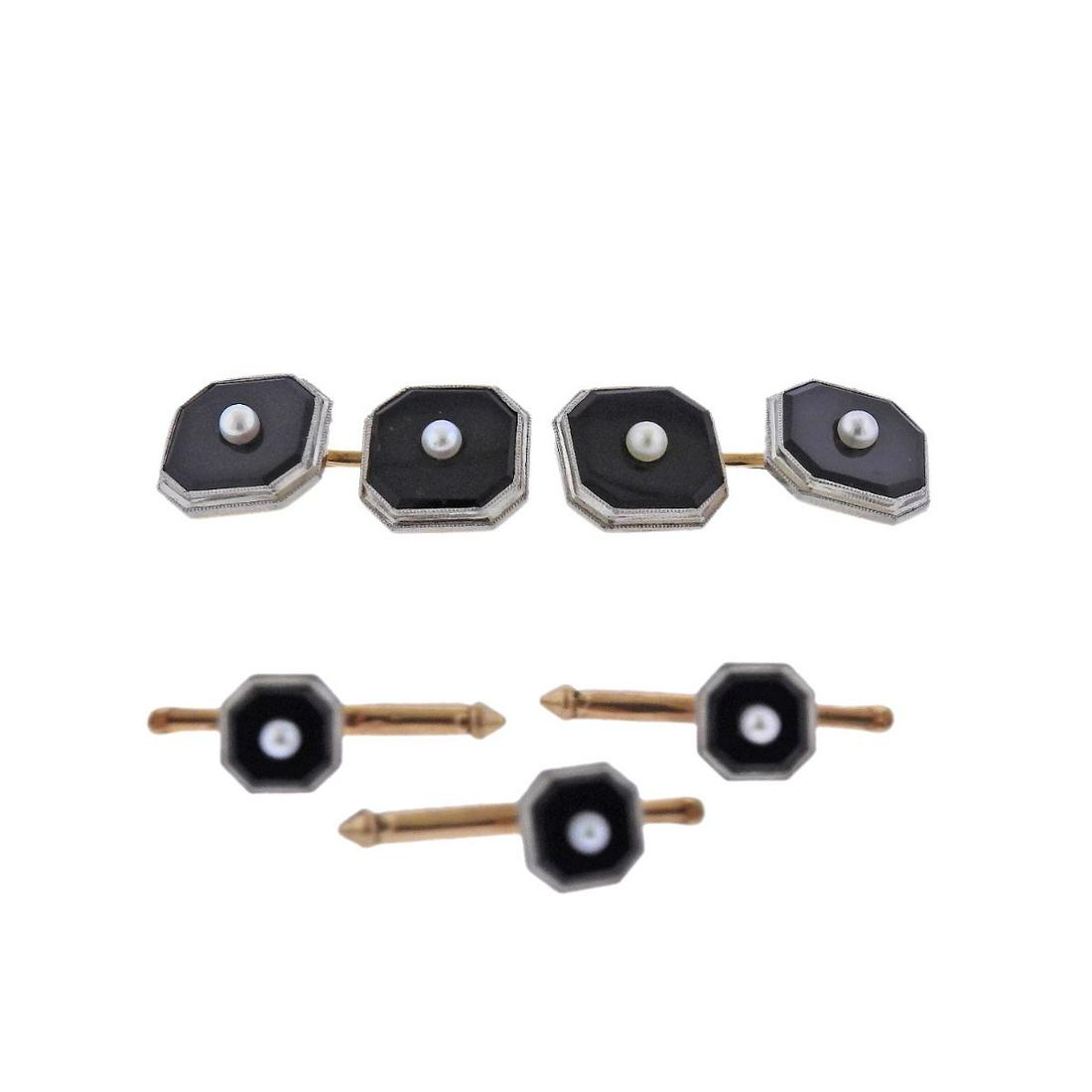 Art Deco Larter & Son Gold Onyx Pearl Cufflinks Stud (1 of 4)