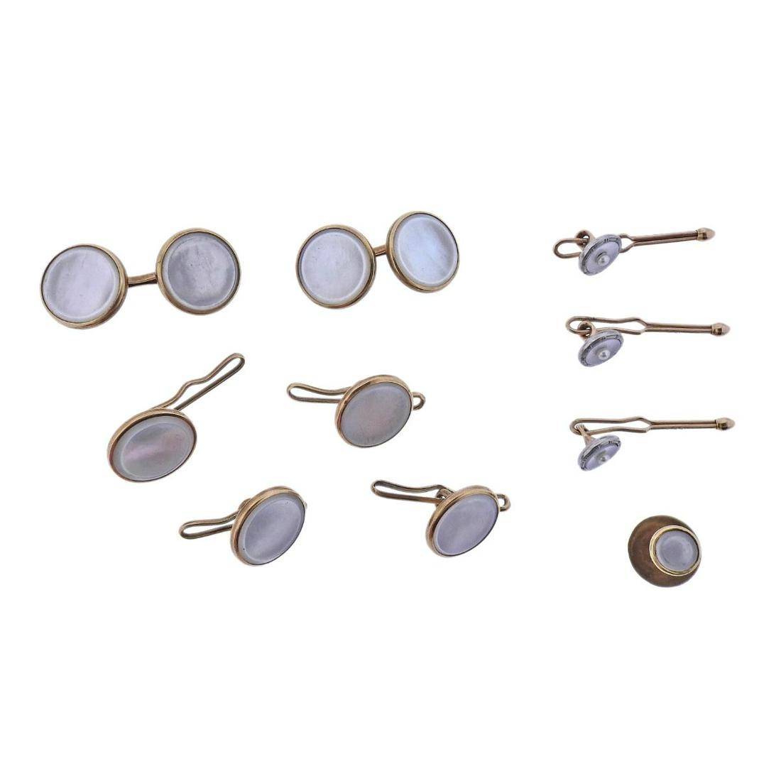 Art Deco 14k Gold MOP Pearl Cufflinks Stud Set (1 of 4)