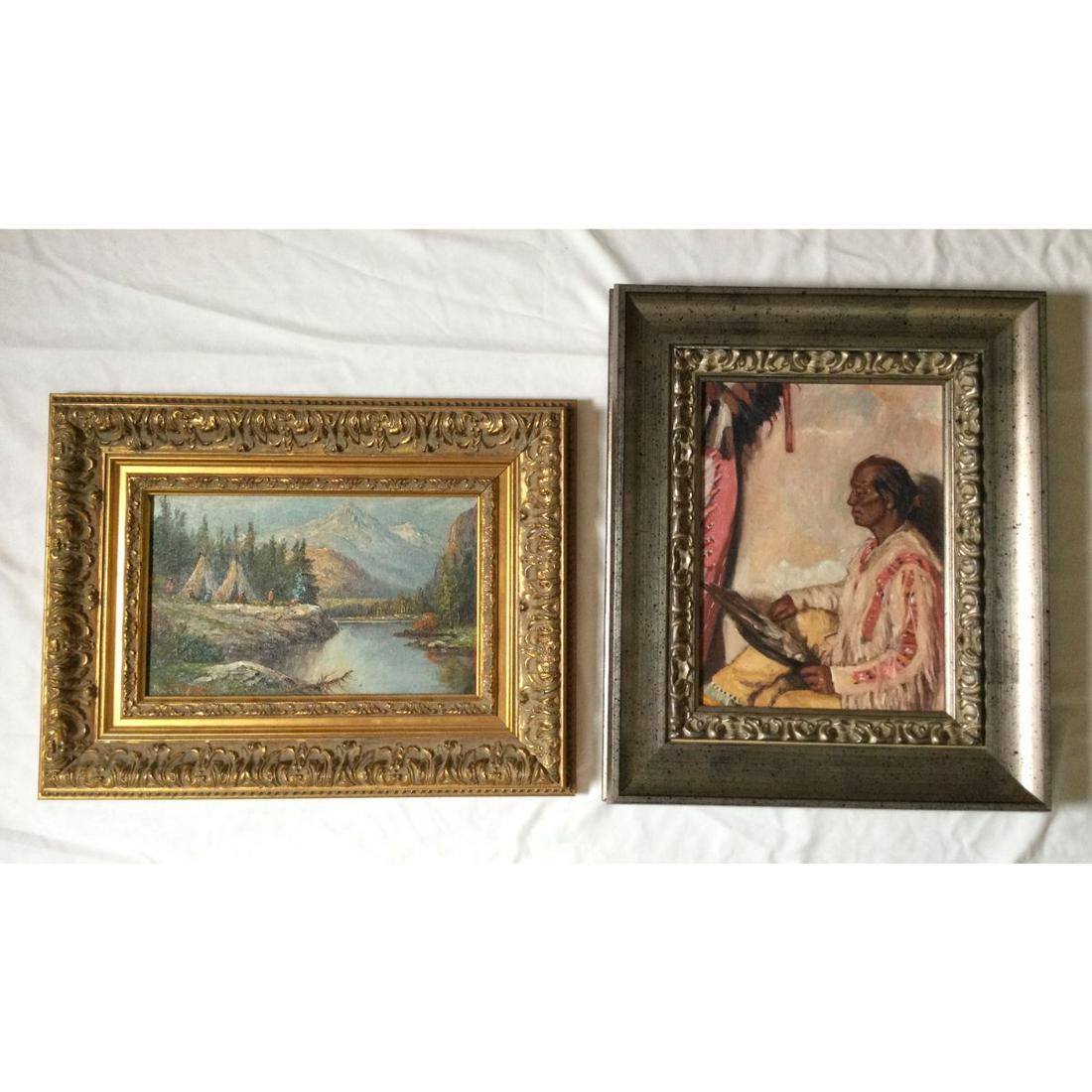 Portrait of Indian Hawk Shield and Landscape with: Hawk Shield Study of Joseph Henry Sharp by M. T. Rovato. Overall size 15 1/4” by 18 1/4”. Image size 9” by 12”. Landscape is illegibly signed lower left. Overall 18 1/2”