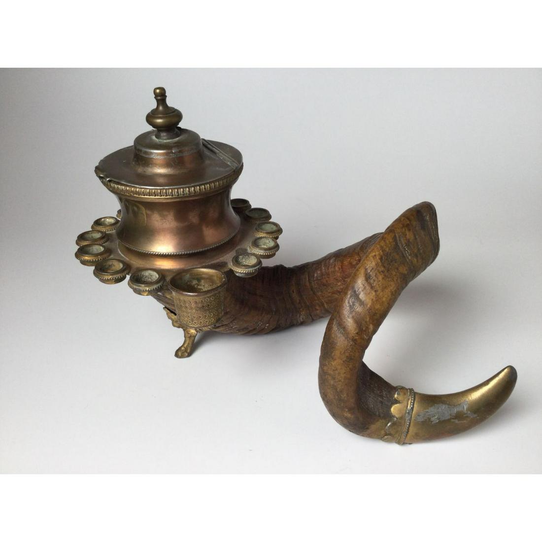Brass Mounted Rams Horn Inkwell Dated 1899 (1 of 6)