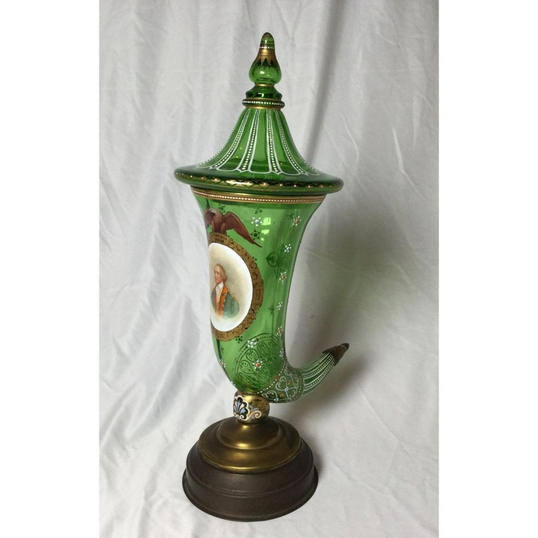 Czech Republic Enameled Glass Cornucopia Jar: 7” in diameter 9â€™ deep by 20” tall.