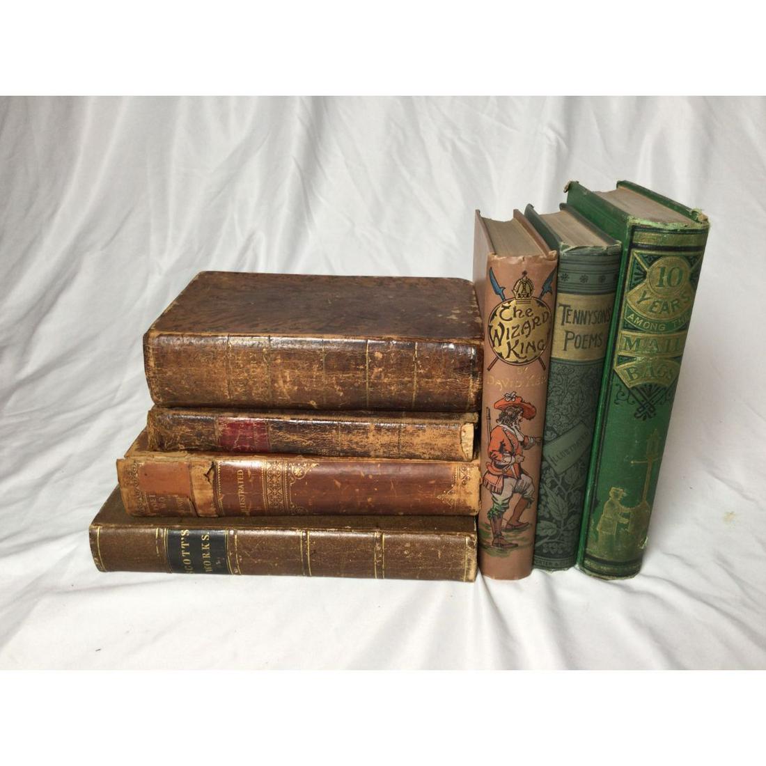 Book Box Lot #1 Lot of 7 Books: The Wizard King, Tennysonâ€™s Poems, Ten Years among the Mail Bag, New Testament, Sacred History, Scottâ€™s Works, and The Poetical Works of Henry Wadsworth Longfellow. All in as found old u