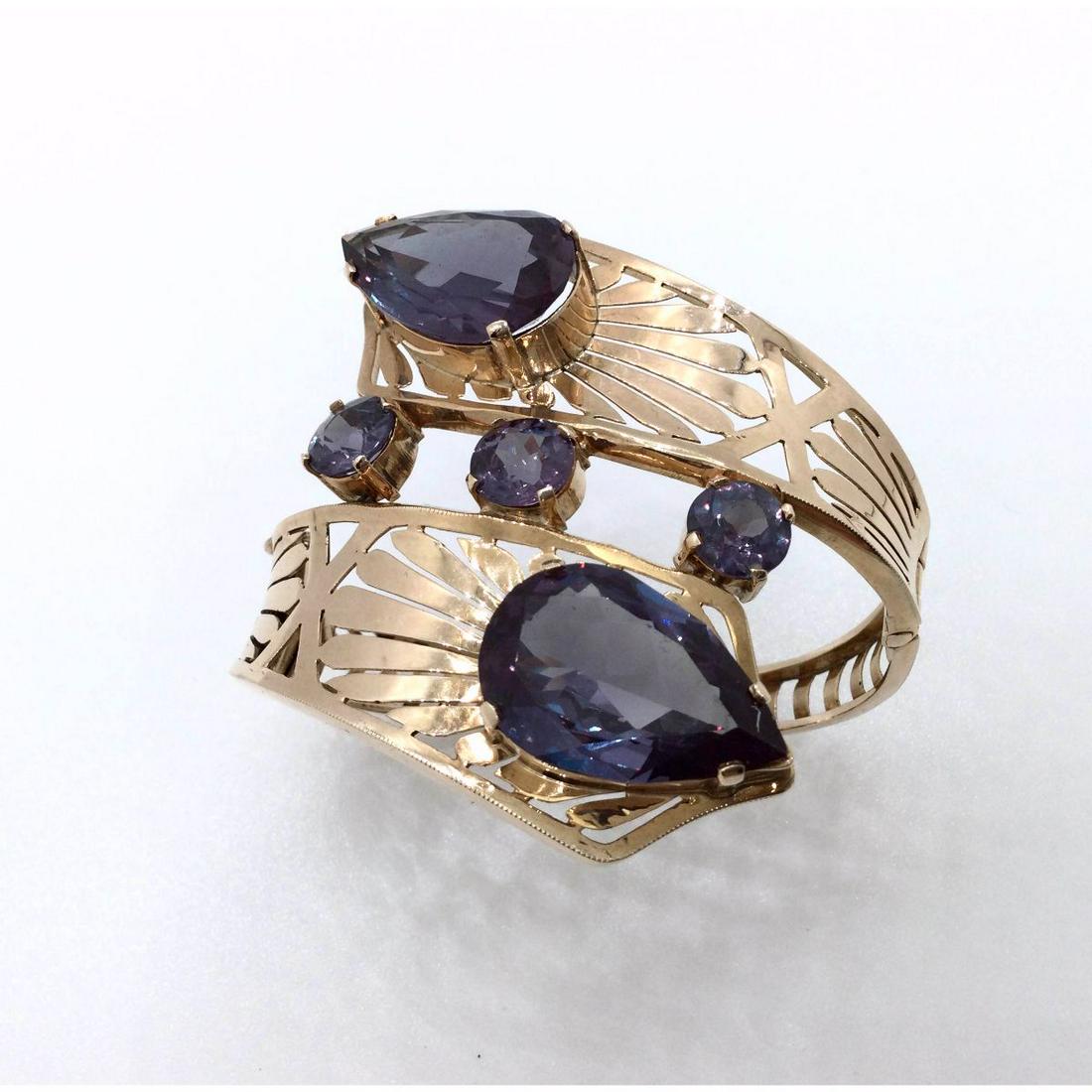 Alexandrite 14kt Gold Bracelet: 14kt Gold circa 1945 Synthetic Alexandrite