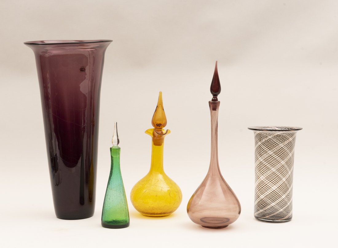 Collection of Art Glass to Include Blenko and Murano: Collection of Art Glass to Include Blenko and Murano Large amethyst Blenko vase (18 3/4 inches) a cylinder vase with black and gilt spiral pattern and two stoppered decanters (four pieces)