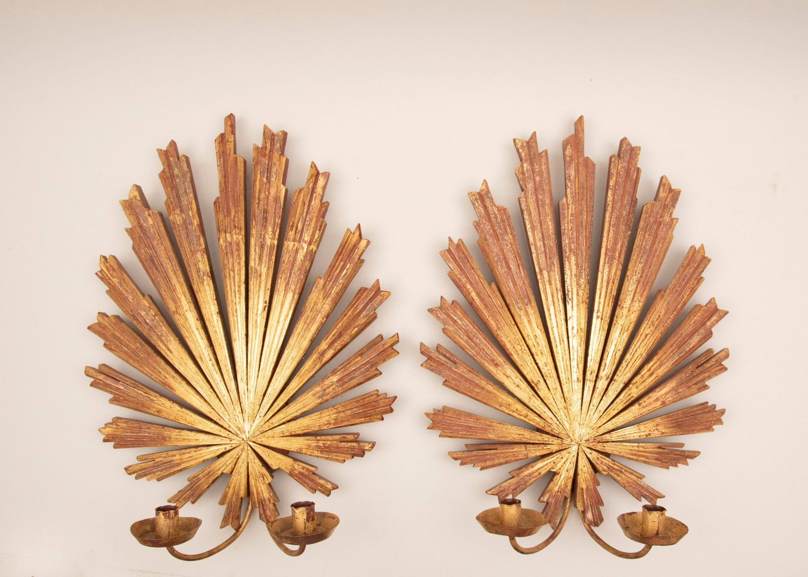 A Pair of Gilt Wood Sunburst Form Wall Sconces 21 x 15: A Pair of Gilt Wood Sunburst Form Wall Sconces 21 x 15 inches