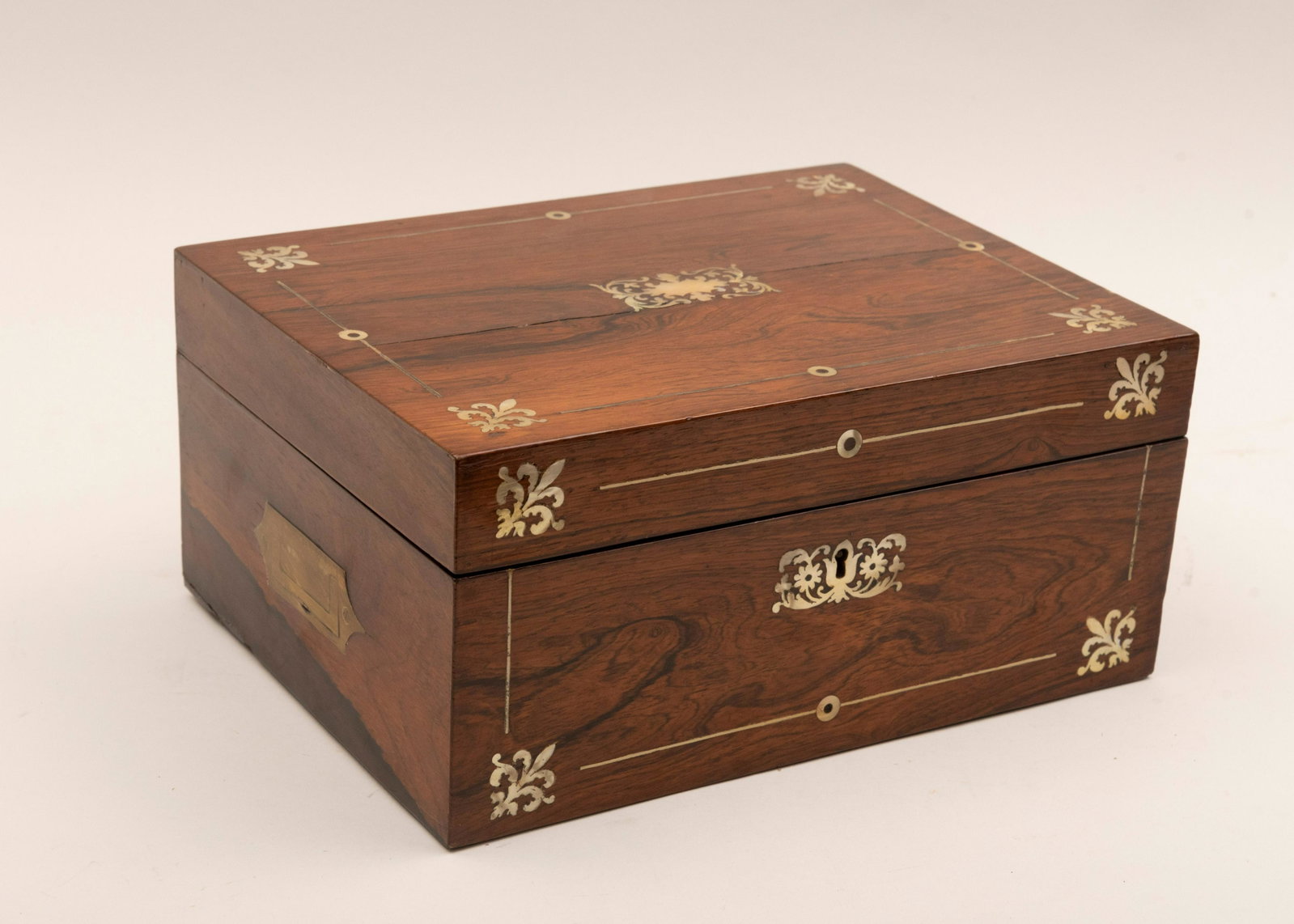Antique English Rosewood Sewing Box with Accessories,: Antique English Rosewood Sewing Box with Accessories circa 1835 William IV period Rosewood box with mother of pearl inlay lined with blue satin and moire with fitted interior and vintage accessories. 