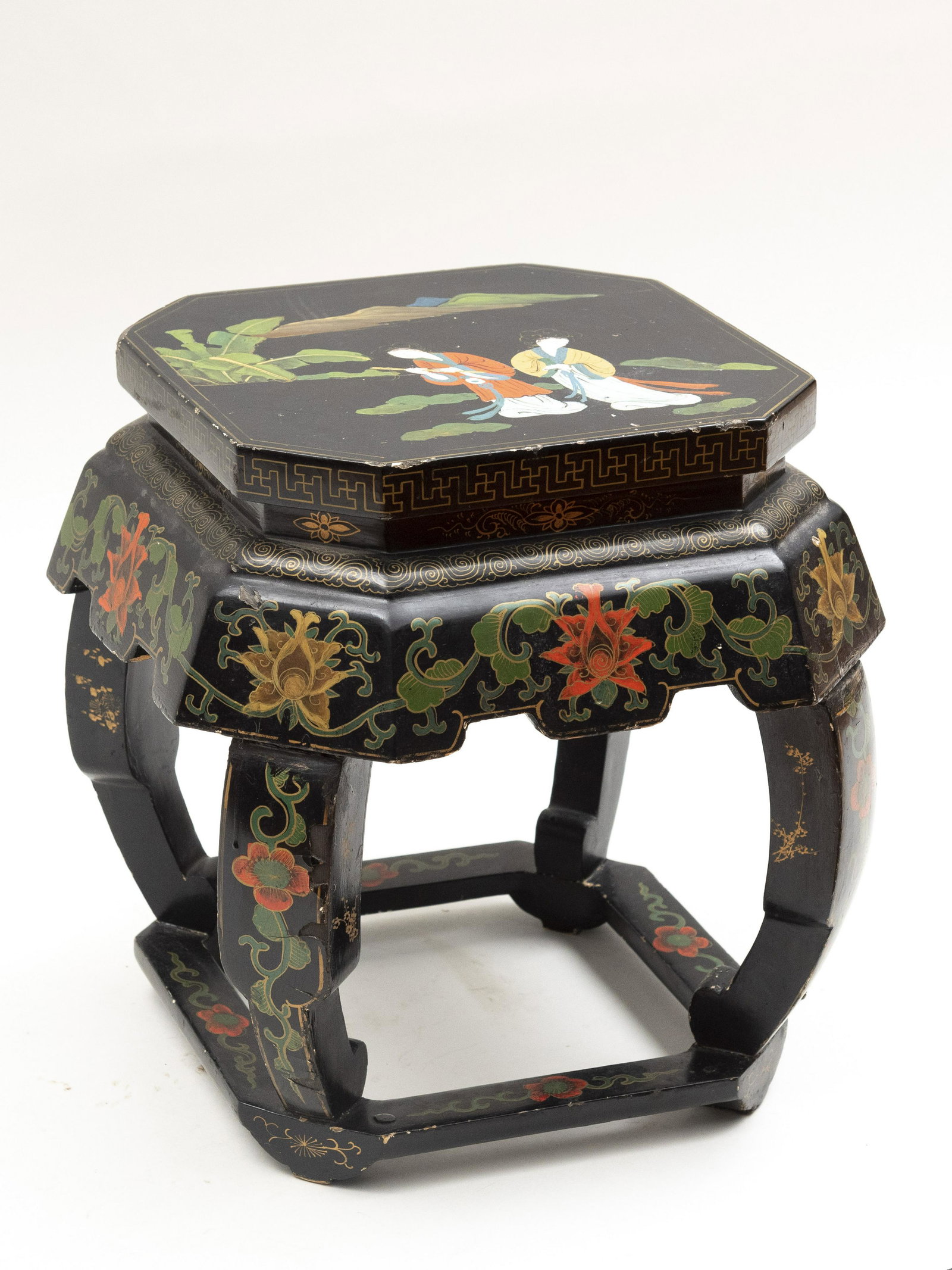 Japanese Hand Painted Black Lacquer Stool Height: 15: Japanese Hand Painted Black Lacquer Stool Painted on the top with two geisha and with an allover pattern of flowers early 20th century. Height: 15 inches; Top measures 11 x 11 inches