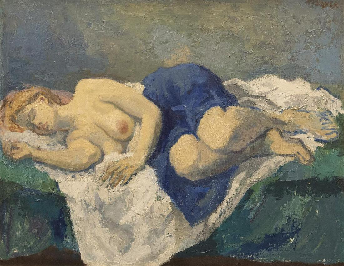 Moses Sawyer New York (1899-1974) Model Sleeping, oil: Moses Sawyer New York (1899-1974) Model Sleeping oil on canvas signed upper right gilt-framed. 20 x 25 inches Provenance: A.C.A. Galleries New York Estimate $3 000-5 000