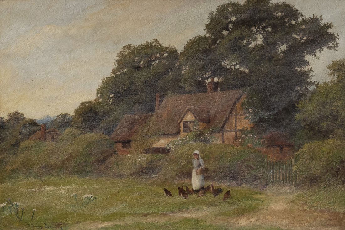 William Langley, British (1852-1922), Woman beside a: William LangleyBritish (1852-1922)Woman beside a thatch-roofed cottage oil on canvas signed lower left framed.16 x 24 inches