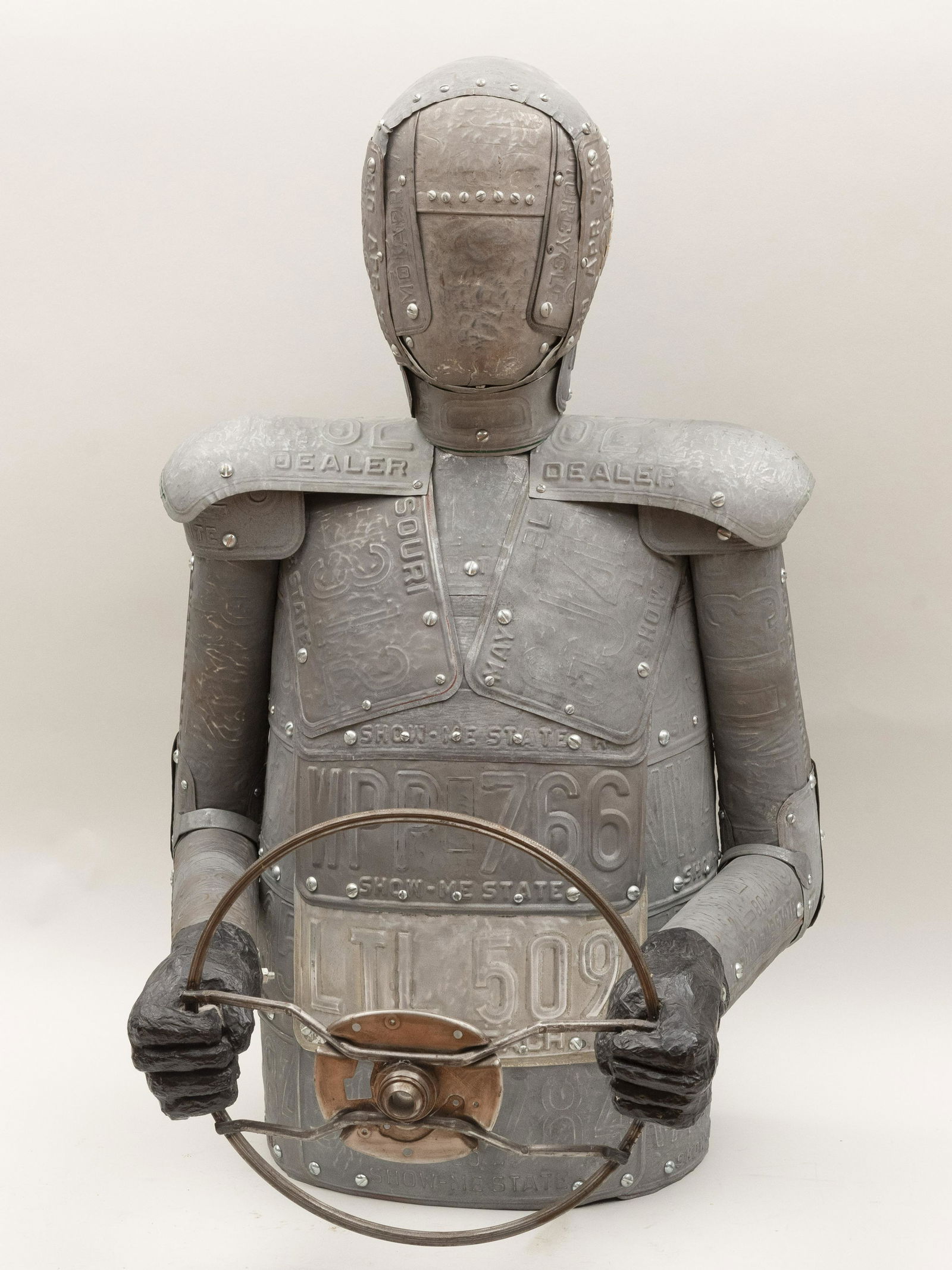 Joy Van Leuven (Tucker), St. Louis, License Plate Man,: Joy Van Leuven (Tucker)St. LouisLicense Plate Manmixed media sculptureHeight: 37 inches