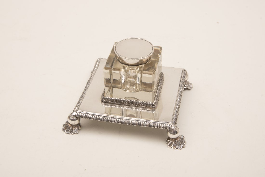 James Dixon & Sons, Sheffield, Plated Silver Inkwell,: James Dixon & Sons Sheffield Plated Silver Inkwell 19th century Square ink bottle fitted into plated silver footed stand. Height 2 3/4 inches
