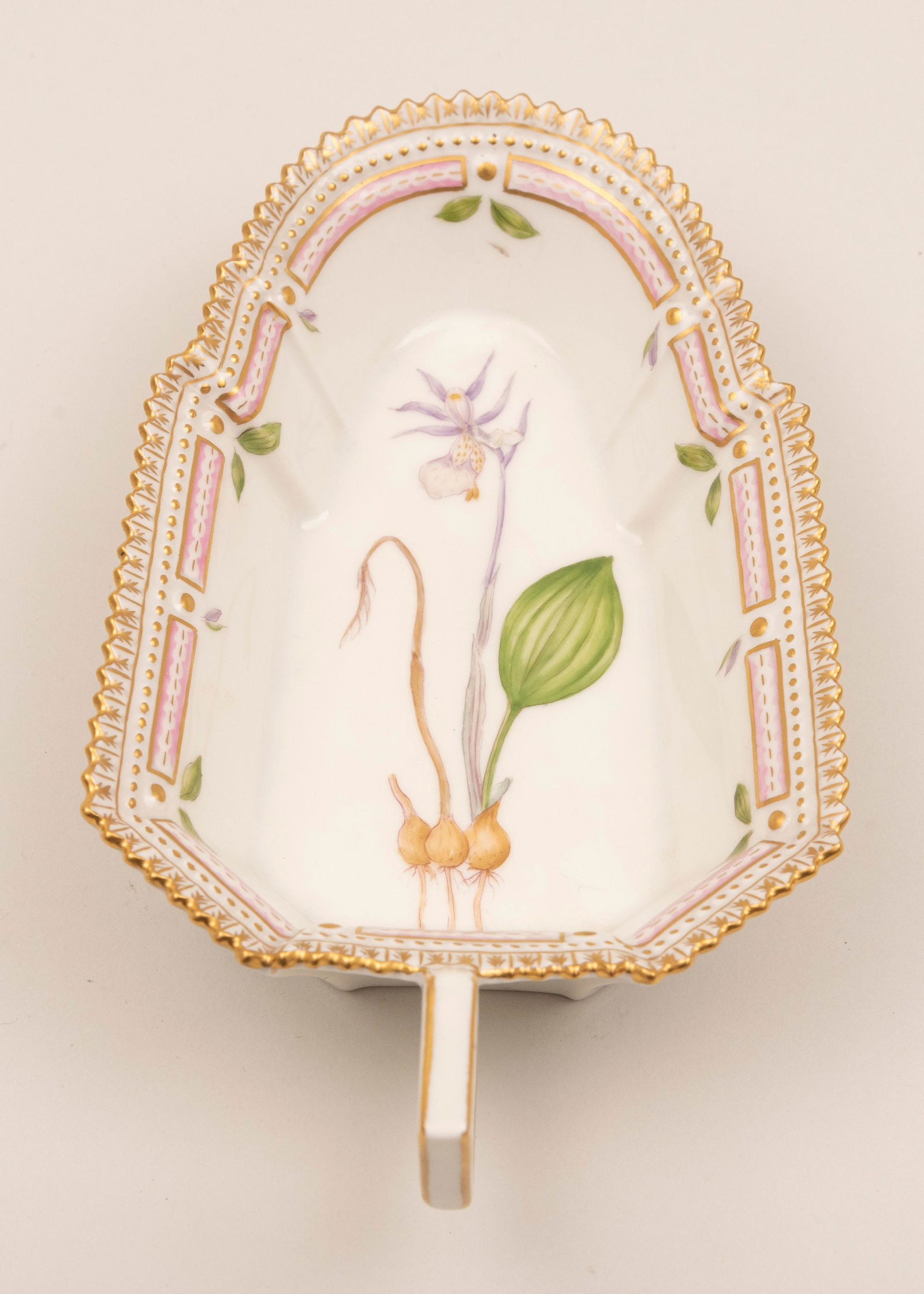 Flora Danica by Royal Copenhagen Handled Dish Length: 8: Flora Danica by Royal Copenhagen Handled DishCalypso Bulbosa G. Rehb.Length: 8 1/2 inches; Width: 4 1/2 inches; Height: 2 1/4 inches