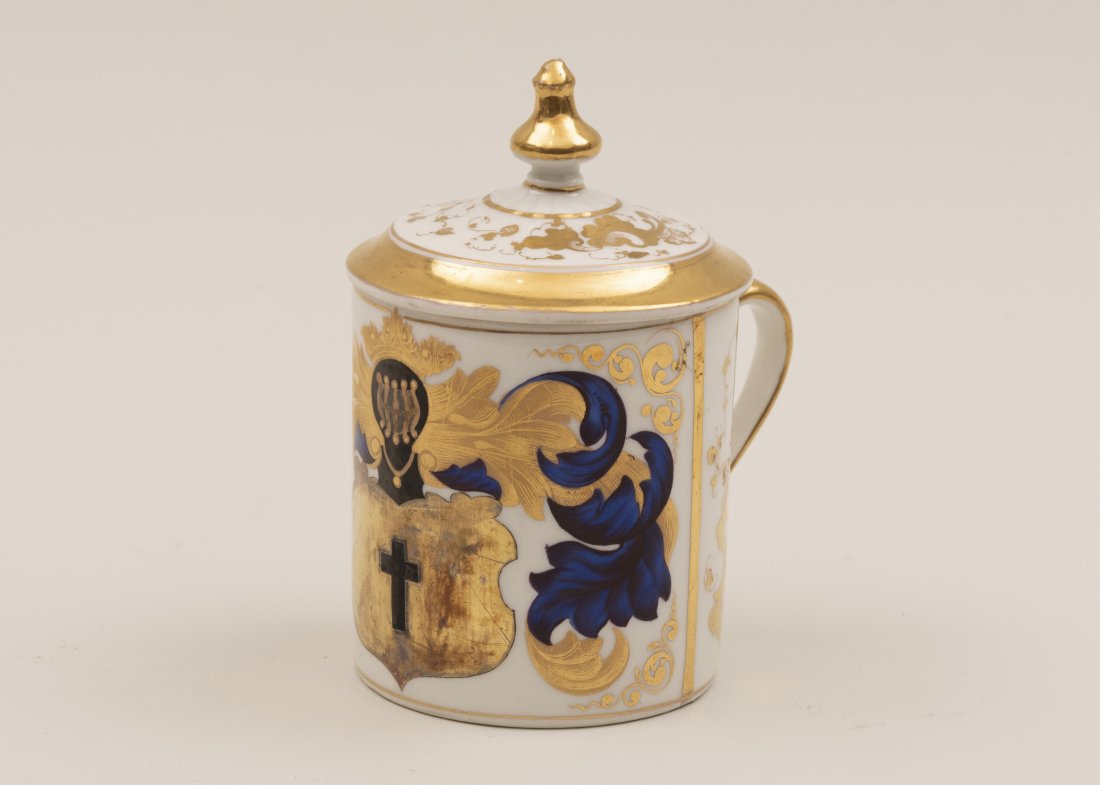 Antique KPM porcelain lidded mug, cobalt blue and gold: Antique KPM porcelain lidded mug cobalt blue and gold shield decoration
