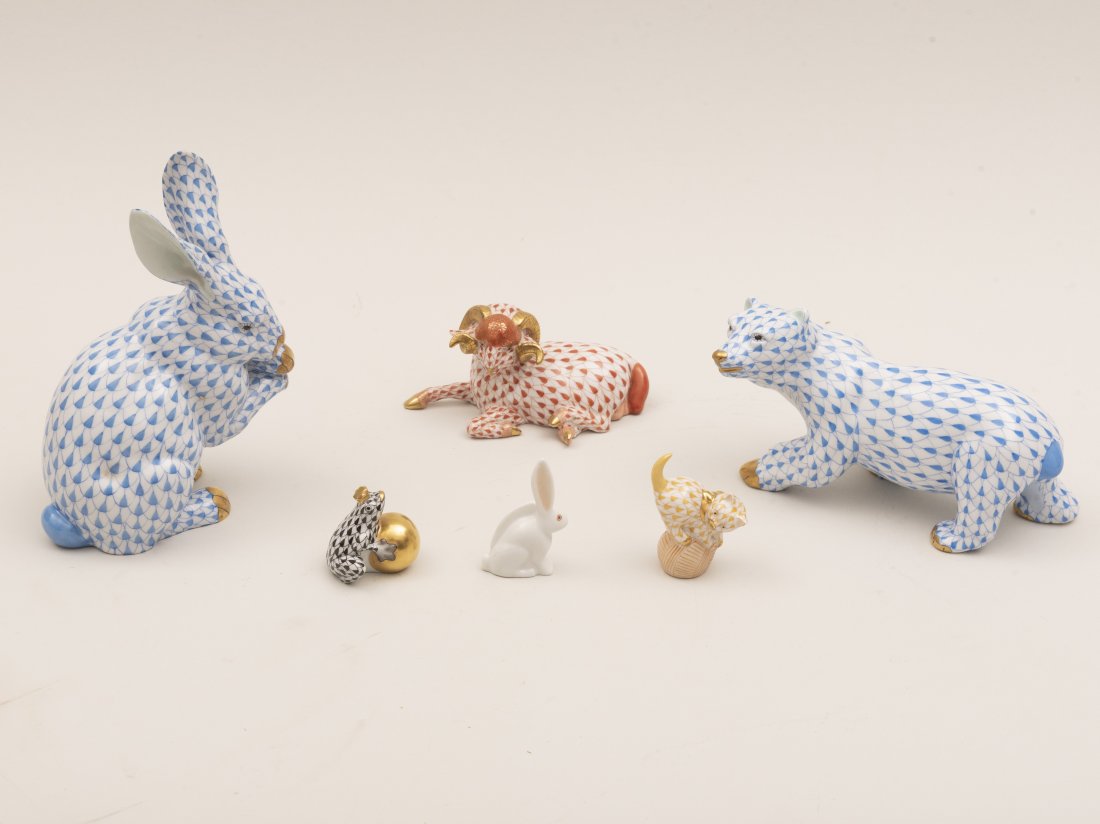 Grouping of Herend Figurines, including a Bunny, a: Grouping of Herend Figurines including a Bunny a Polar Bear a Ram a Cat on a Ball Frog with Gold Ball and Crown and a white bunny. Six pieces total.