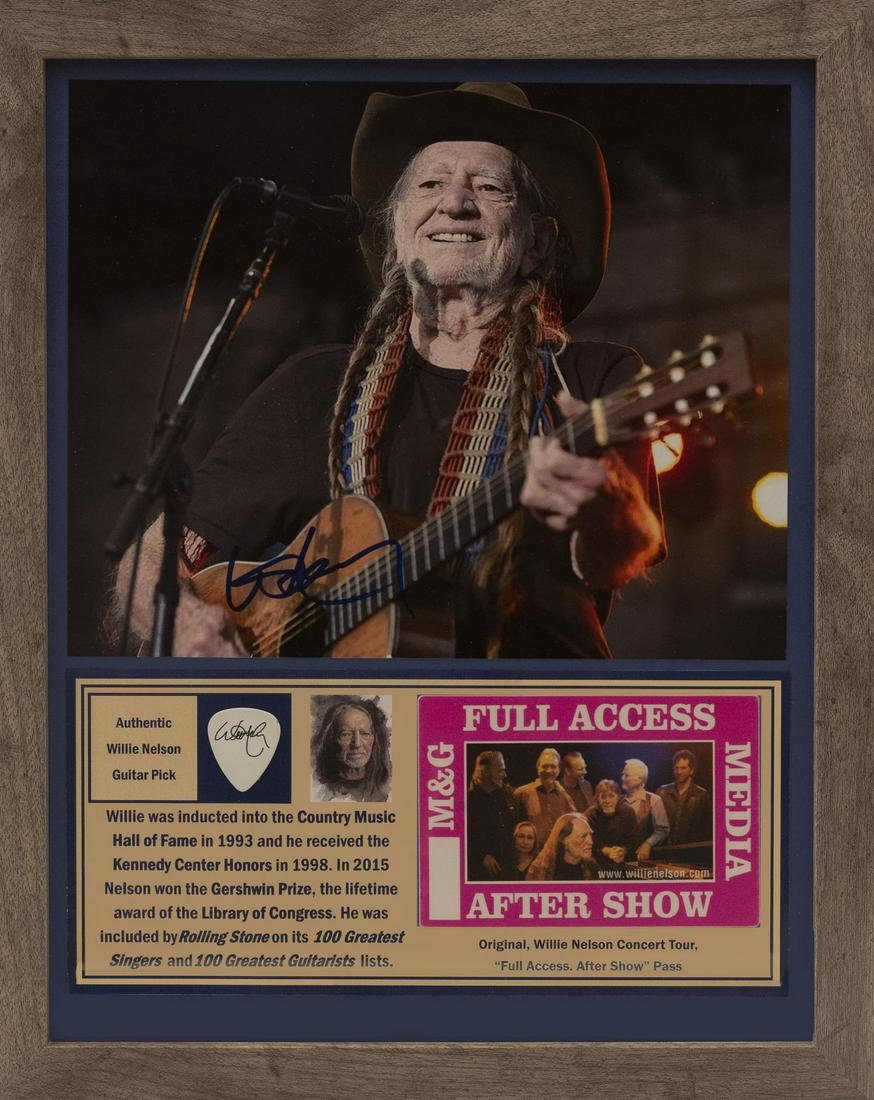 WILLIE NELSON SIGNED PHOTO / CONCERT PASS / PICK Hand: WILLIE NELSON SIGNED PHOTO / CONCERT PASS / PICK Hand signed photo by Willie Nelson remarkable artist and lovable personality. Won numerous awards and honors including Kennedy Center Honors Gershwin P