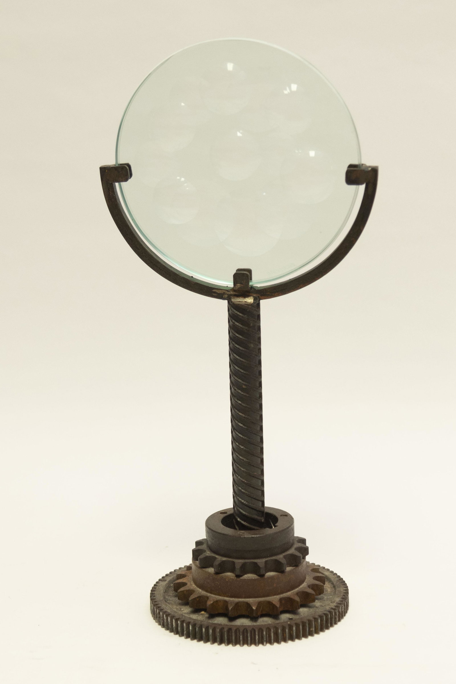 Ben..., 20th century, Op Art Glass Disk on found art: Ben... 20th century Op Art Glass Disk on found art iron stand signed indistinctly Height: 19 1/2 inches
