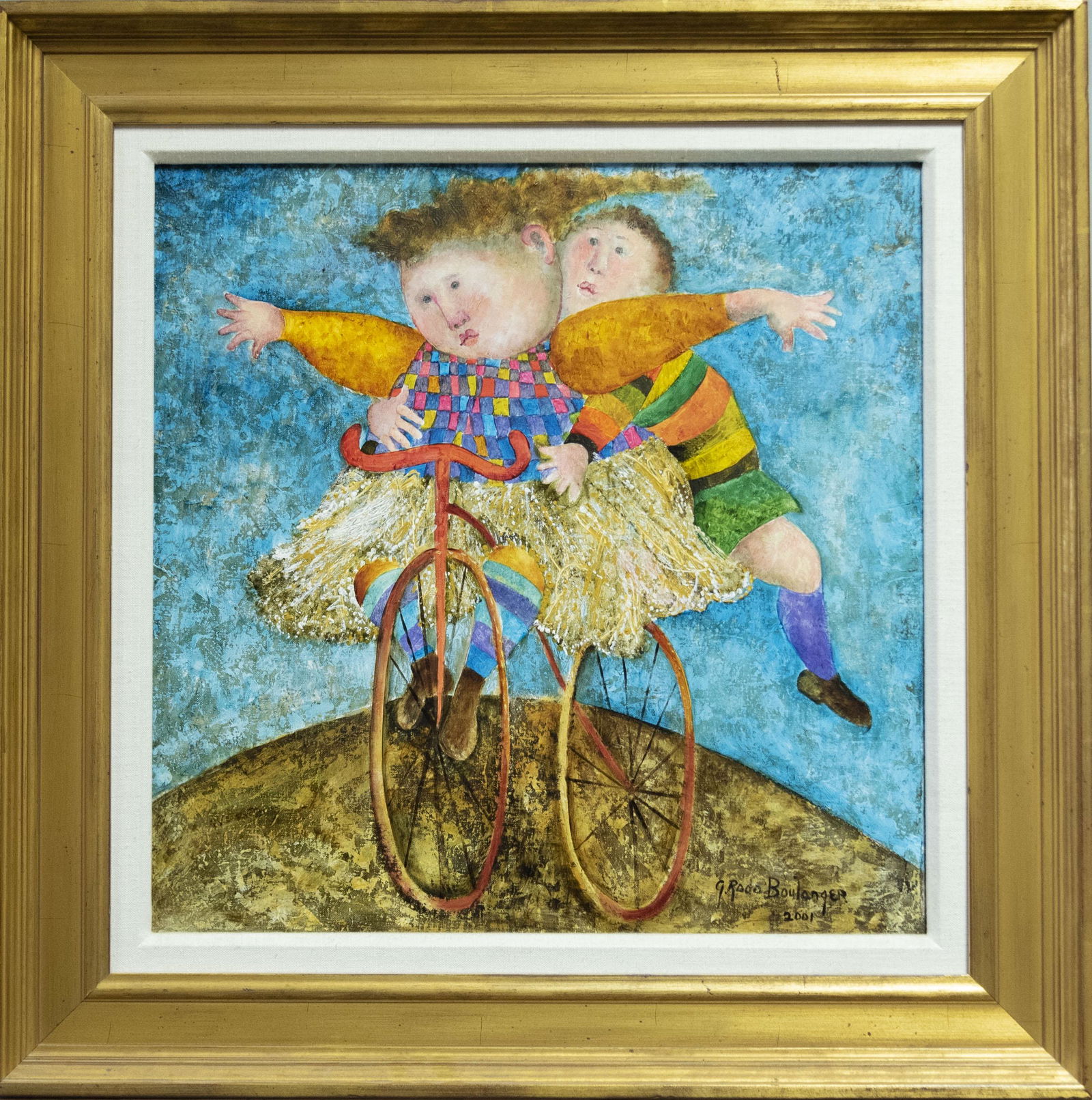 Graciela Rodo Boulanger, Bolivia/France (b. 1935), Deux: Graciela Rodo BoulangerBolivia/France (b. 1935)Deux sur un Velo 2001oil on canvas signed and dated lower right and again with title verso gilt-framed.19 x 19 inches