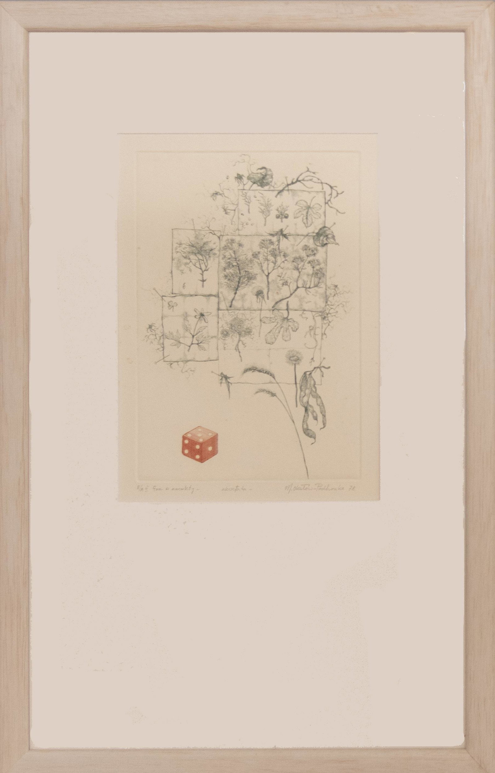 Maria Okolow-Podhorska, Polish (b. 1939), Playing with: Maria Okolow-Podhorska Polish (b. 1939) Playing with Amulets etching Botanical subjects in squares and red dice pencil signed and titled. 1978 framed. 10 3/4 x 7 3/4 inches (sight)