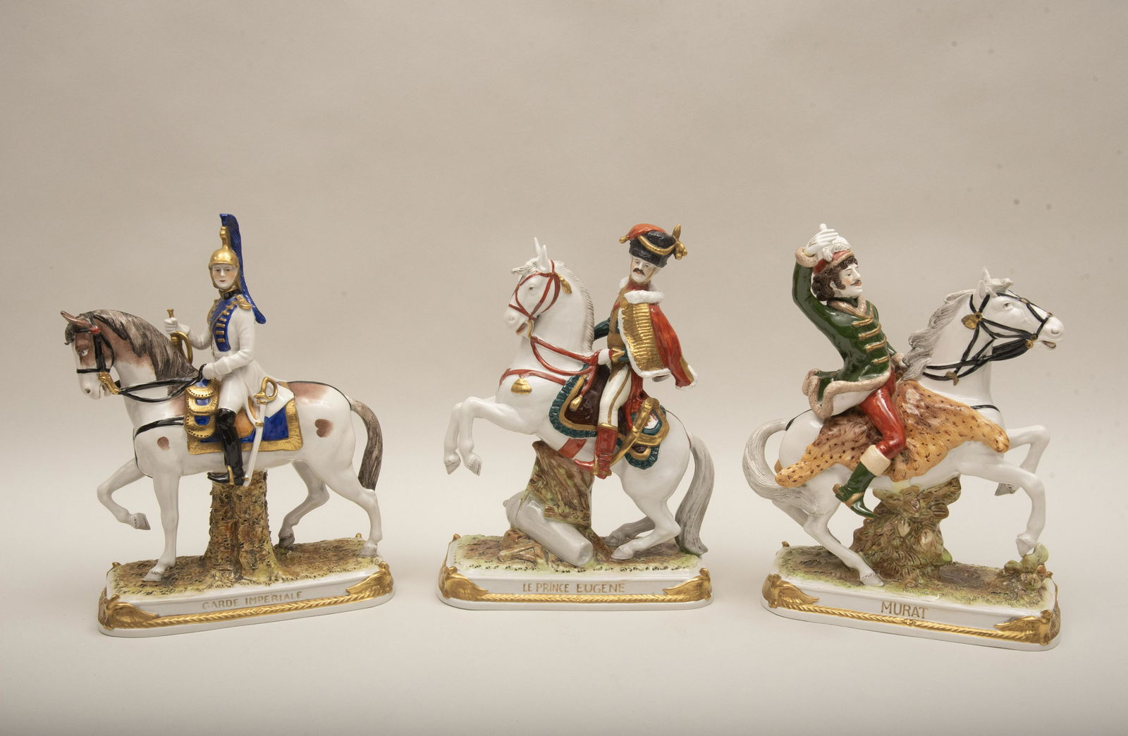 Three, German Porcelain Napoleonic Figures Mounted on: Three German Porcelain Napoleonic Figures Mounted on White Horses by Scheibe Alsbachdepicting Napoleonic commanding officers and body guard: Garcle Imperile Le Prince Eugene and Murat.