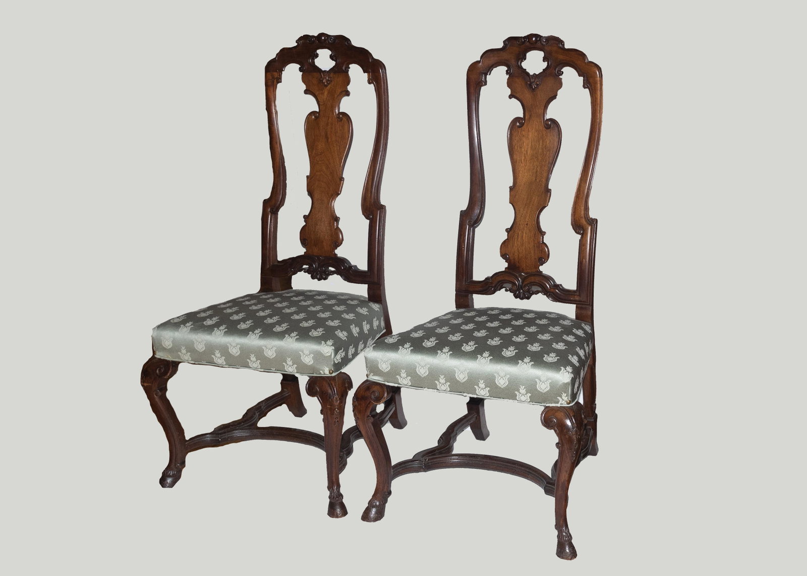 Set Of Eight Baroque Side Chairs 46 1/2 inches: Set Of Eight Baroque Side Chairs With shaped back rests and vasiform splats above padded seats and cabriole legs with hoof form feet. 46 1/2 inches