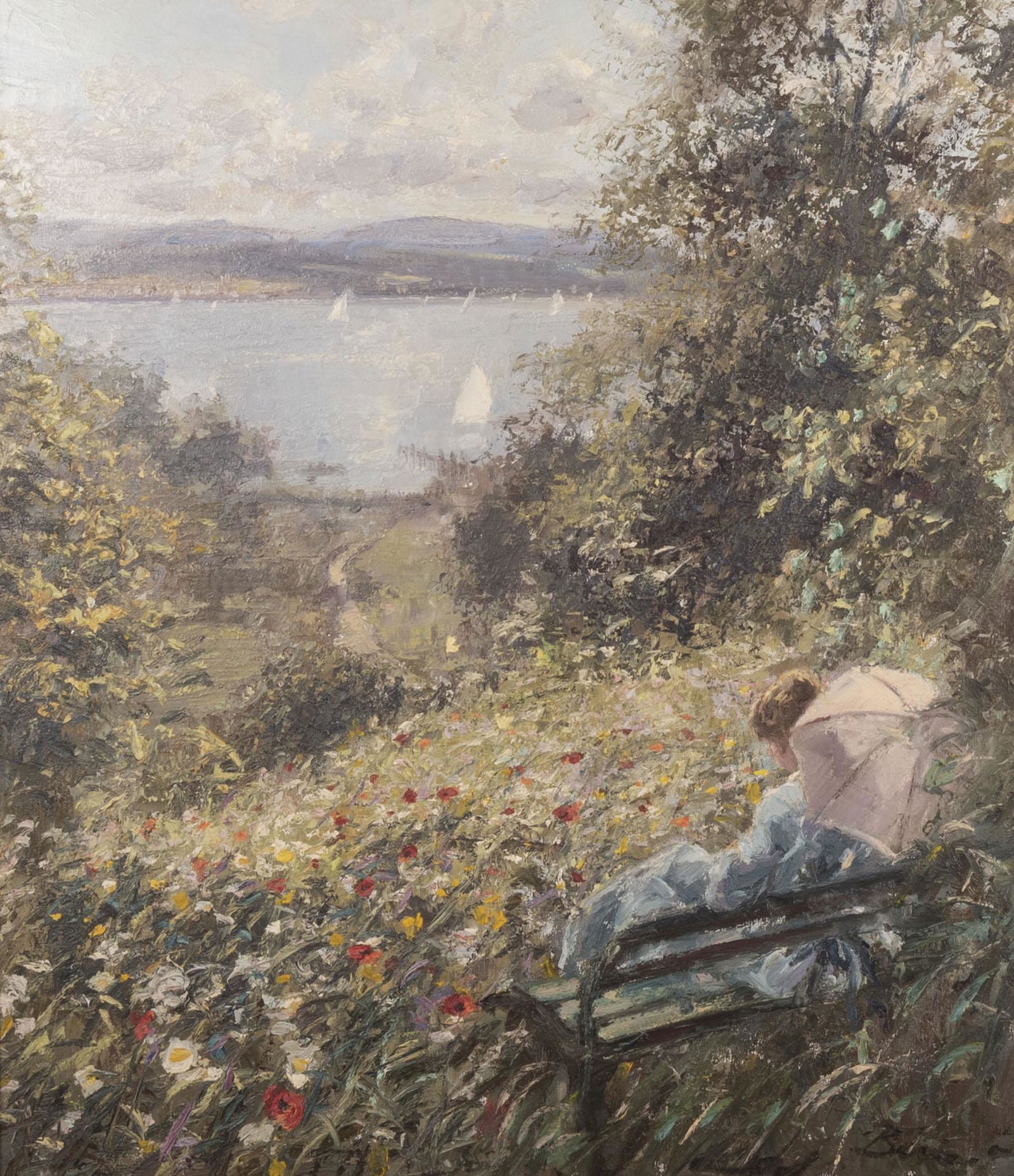 Hans Joseph Wilhelm Becker, German (b. 1930), Woman: Hans Joseph Wilhelm BeckerGerman (b. 1930)Woman with parasol beside a lake,oil on canvassigned lower right, gilt-framed.31 x 27 inches