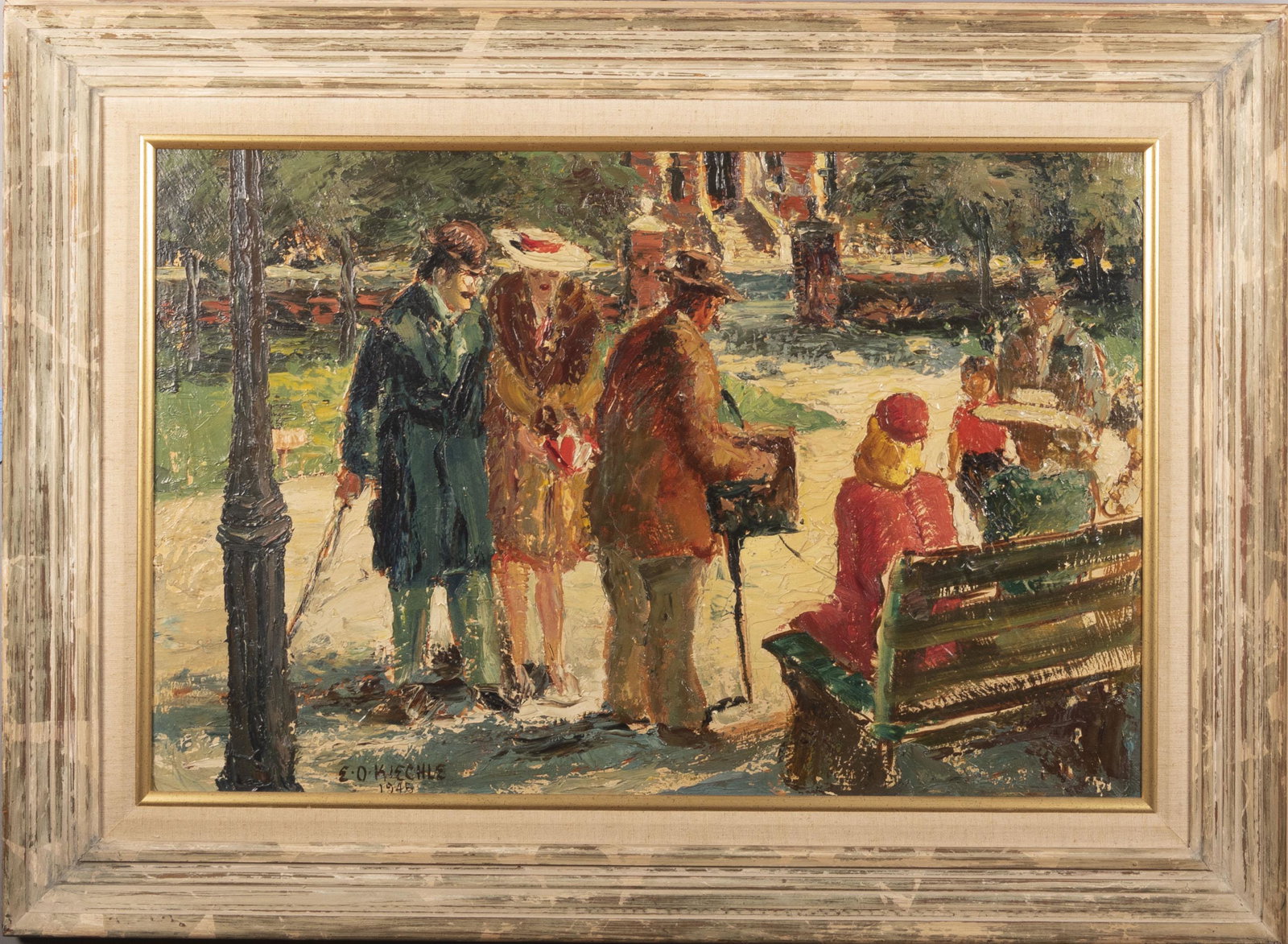 Edgar O. Kiechle, California/ Missouri (1911-1960),: Edgar O. Kiechle California/ Missouri (1911-1960) Artist painting Plein Aire in a Park Setting, 1945 oil on canvas, signed and dated lower left, framed. 19 x 29 inches