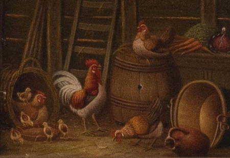 Edgar Hunt, British (1876-1955), Chickens in a Barn,: Edgar HuntBritish (1876-1955)Chickens in a Barnoil on panelunsigned, gilt-framed.Property from a Prominent Saint Louis Estate7 x 9 1/2 inches