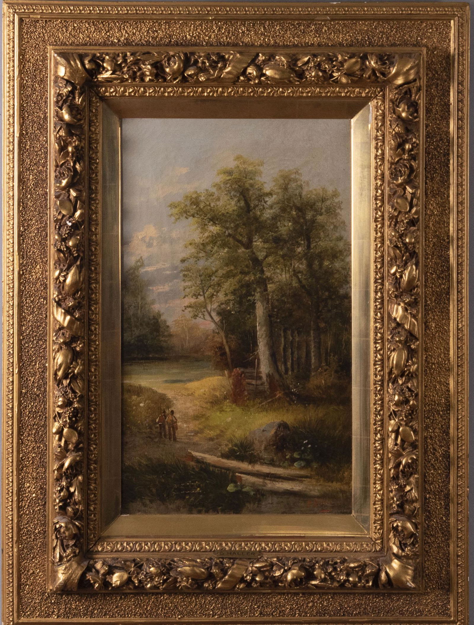 , British School 19th-20th century, Figures on a Sunlit: British School, 19th-20th centuryFigures on a Sunlit Pathoil on canvassigned indistinctly lower right, gilt-framed.Property from a Prominent Saint Louis Estate