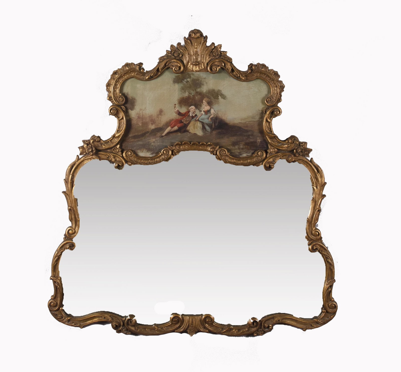 Antique Trumeau Mirror Overall dimensions: 40 x 35: Antique Trumeau Mirror The upper oil on canvas signed de Soldu and depicting an elegant couple drinking wine in a landscape setting, scalloped carved gilt wood mirror. Property from a Prominent Saint 