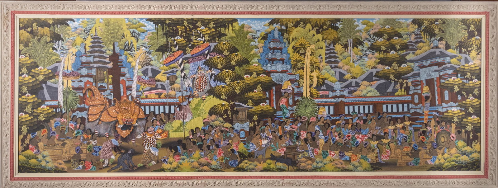 I Made Sinteg, Balinese, Panestanan Village, Ceremony,: I Made Sinteg Balinese, Panestanan Village Ceremony acrylic on canvas, signed lower right, framed. Property from a Prominent Saint Louis Estate 25 x 74 inches