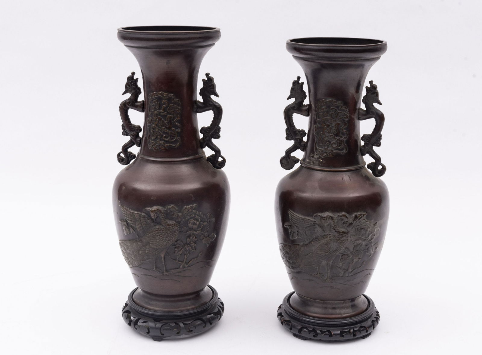 Pair Of Japanese Bronze Vases 12 3/4 inches (1 of 3)