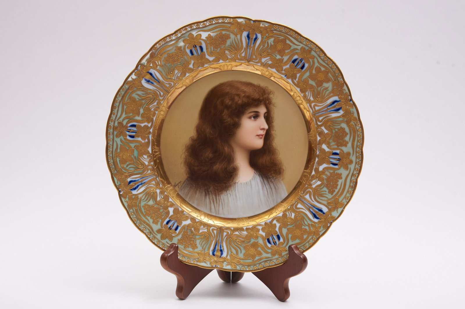 Royal Vienna Portrait Plate, signed Wagner 10": Royal Vienna Portrait Plate, signed Wagner Hand painted and gilt decorated portrait plate depicting Rosalind The Art Nouveau style border highlighted with vines of flowers Signed on front "Wagner