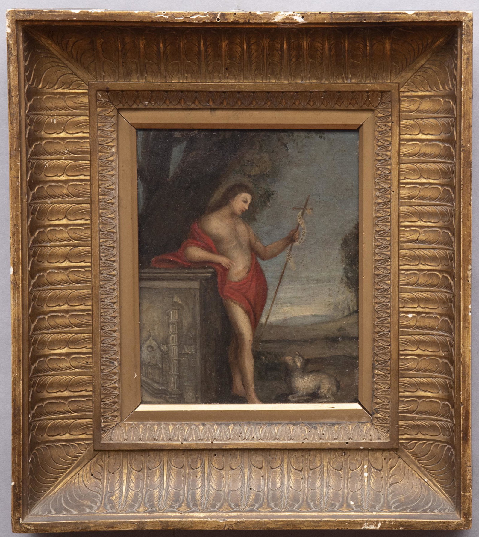 , Continental School 19th Century, St. John the: Continental School, 19th Century St. John the Baptist oil on copper unsigned, gilt-framed. 8 1/4 x 6 1/2 inches