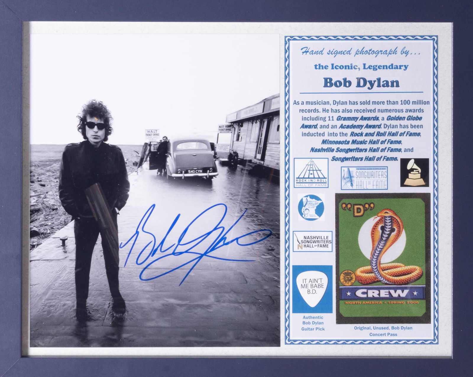 Bob Dylan Signed Photo / Pass / Pick: Hand signed moody photo by Bob Dylan, the "Main Man"! Too much to list, but some accolades stand out: 11 Grammys, Golden Globe, Academy Award, Rock and Roll Hall of Fame, plus 3 other Halls of Fame. L