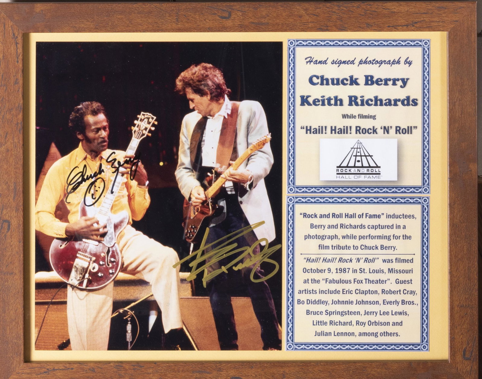 Chuck Berry & Keith Richards Signed Photo: Hand signed concert action photo by two legends, Chuck Berry and Keith Richards. What a pair! Certificate of Authenticity. Framed with descriptive text and graphics.